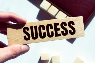 Modern business buzzword - success. Word on wooden blocks on a brown background. Close up.
