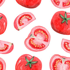 watercolor red tomato seamless pattern on white background