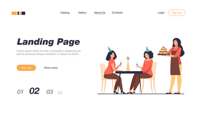 Happy women celebrating birthday and drinking alcohol. Friend, cake, glass flat vector illustration. Holiday and party concept for banner, website design or landing web page