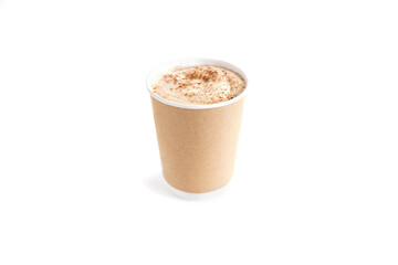 Paper cup of cappuccino isolated . Disposable cup of cappuccino isolated . Take away coffee...