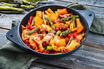 Traditionelle gebratene italienische Pasta Mezzi Paccheri Rigati con Salsiccia Wurst mit grünen Spargelspitzen in Tomatensoße, serviert als Draufsicht in einer Pfanne im modernen Kino Look