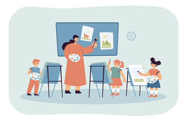 Cartoon artist teaching kids art of drawing. Flat vector illustration. Teacher and children painting pictures with brushes on easels in school class. Education, lesson, art, childhood concept