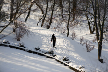 Traveling woman walking uphill on snow in winter park with amazing view. girl tourist wearing a...