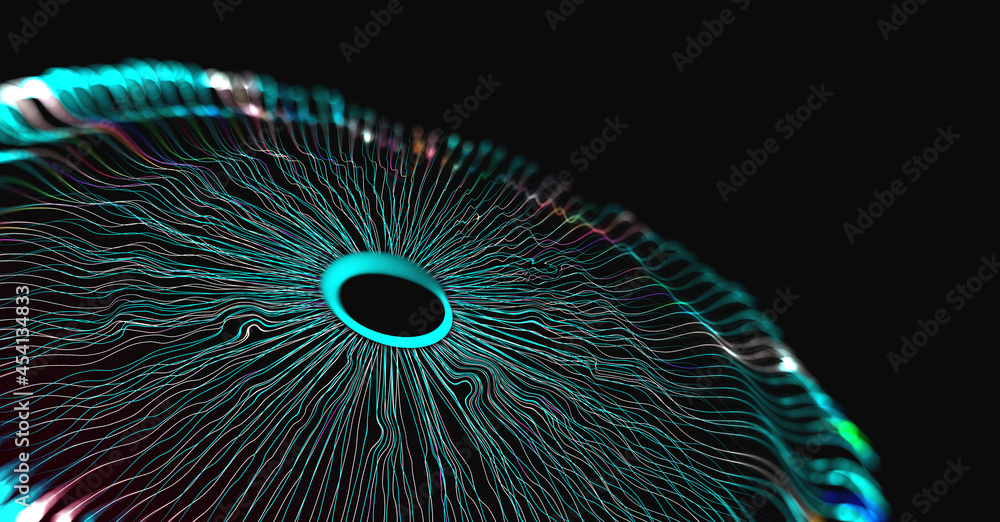 Poster abstract 3d illustration. technology big data background concept. wave, dots, weave lines. ai visual