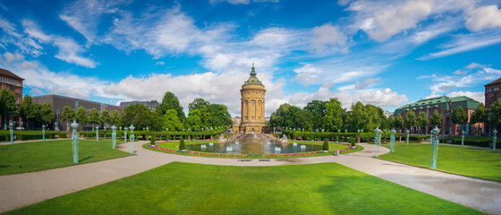 Panoramic View of the Mannheim Water Tower at a sunny summer day - obrazy, fototapety, plakaty