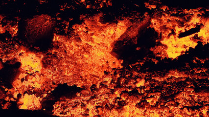 Looking at the lavaflow from the erupting volcanic crater of Geldingadalagos eruption in Reykjanes...