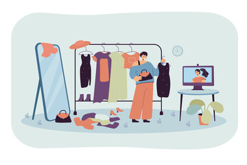 Cartoon woman receiving stylists advice on clothing. Flat vector illustration. Girl talking with personal fashion assistant online, standing in front of computer. Fashion, wardrobe, Internet concept