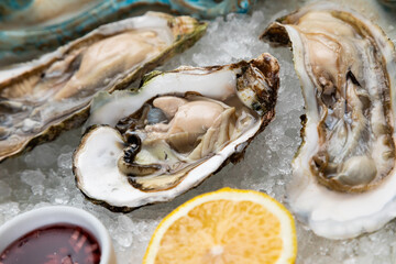 fresh open oysters with sauce, lemon and a glass of wine