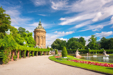 View of the Mannheim Water Tower at a sunny summer day - obrazy, fototapety, plakaty