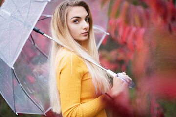 Girl under a transparent umbrella and autumn leaves in an autumn park.
