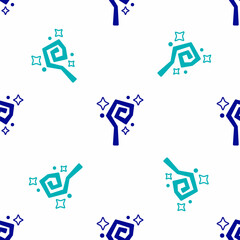 Blue Magic staff icon isolated seamless pattern on white background. Magic wand, scepter, stick, rod. Vector