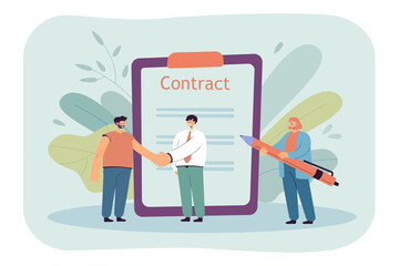 Two male cartoon businessmen shaking hands and signing contract. Female secretary or lawyer holding huge pen flat vector illustration. Partnership, finances, success concept for banner or landing page