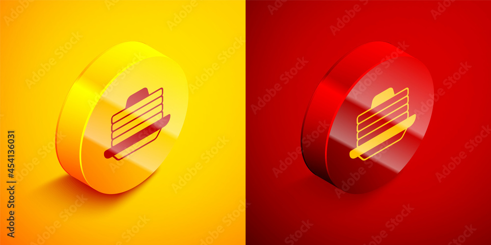 Aufkleber isometric stack of pancakes with honey icon isolated on orange and red background. breakfast concept