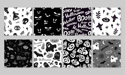 Set of Seamless Pattern Happy Halloween, Mystical Elements on Black and White Background. Colorful Collection Cartoon illustration Digital Paper. Spooky Holiday Texture. Vector