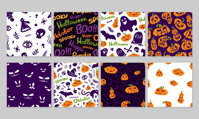 Set of Seamless Pattern Happy Halloween, Mystical Elements on Black and White Background. Colorful Collection Cartoon illustration Digital Paper. Spooky Holiday Texture. Vector