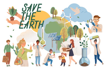 Saving Earth with People Character Taking Care of Nature and Environment Using Reusable Bag and Alternative Energy Source Vector Illustration