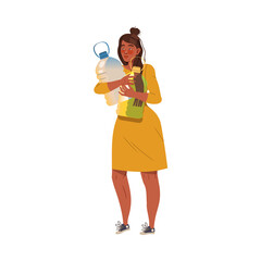 Young Woman Carrying Plastic Bottles for Recycling Saving Earth Taking Care of Nature and Environment Vector Illustration