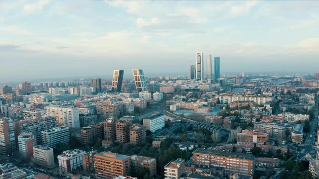 Aerial Madrid city center. New genuine view. Puerta de Europa and Four Towers Business Area (Cuatro Torres), Spain