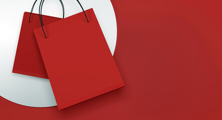 red shopping bag on red background. sale banner design. 3d illustration