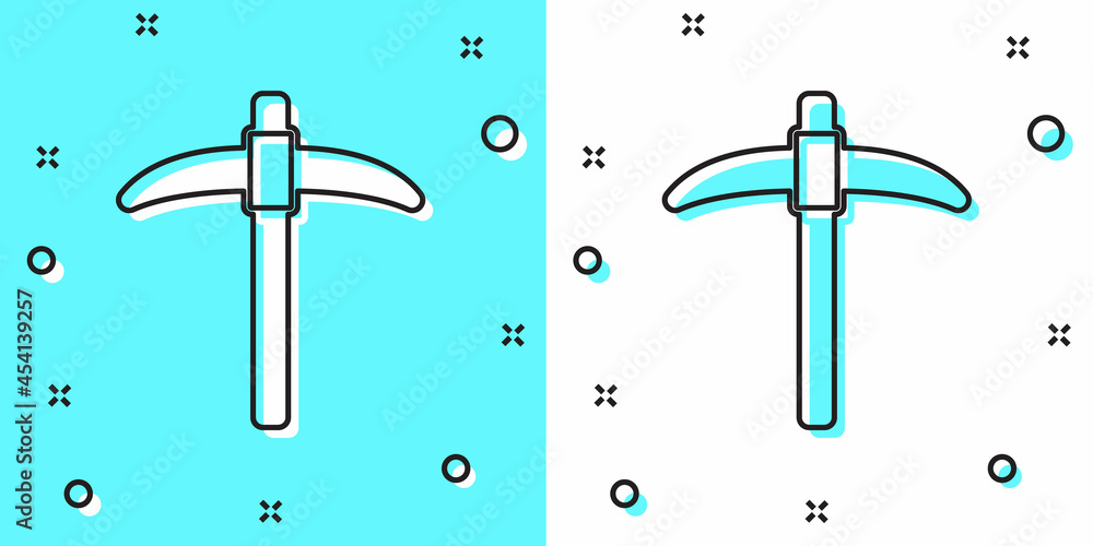 Poster black line pickaxe icon isolated on green and white background. random dynamic shapes. vector
