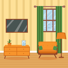 Living room interior with furniture. Living room interior with an armchair, TV, floor lamp, curbstone and window. Vector flat illustration