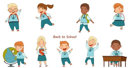 Back to School with Kids Wearing Uniform Sitting at Desk and Running with Backpack Vector Set
