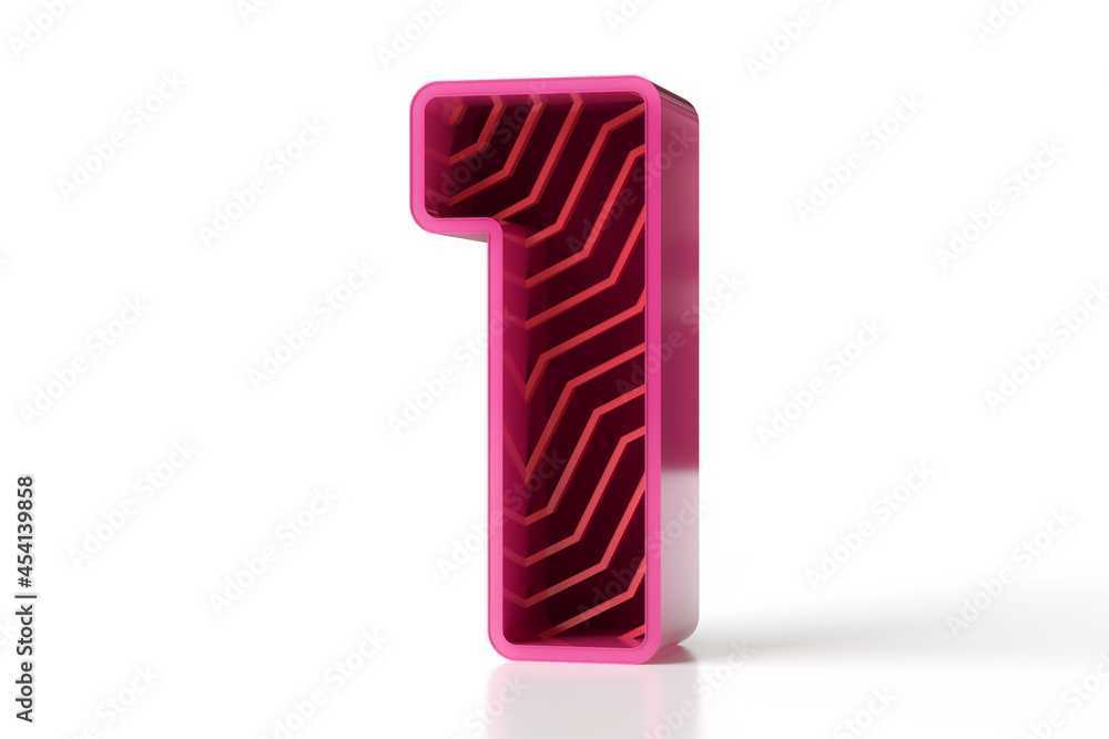 Poster trend 3d typography for print or web graphic projects. digit number one in pink and red color scheme