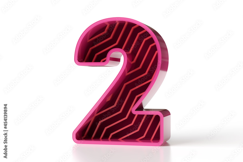 Poster futuristic tech-style typography. 3d number two in bright colors pink and maroon combination. high r