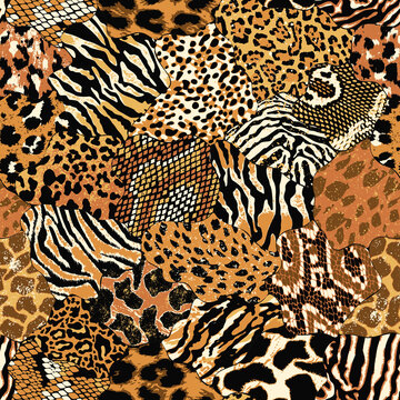 Wild animal skins patchwork wallpaper abstract vector seamless pattern 