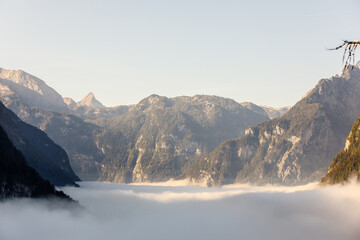 Over the fog on lake Königssee, Berchtesgaden, Germany