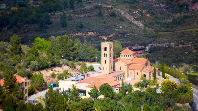 Church of the Mare de Deu del Roser, Our Lady of rosary, Neo-Romanesque cultural heritage and place of worship. Monistrol de Montserrat, Province of Barcelona Spain