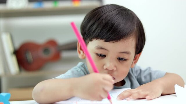 Asian little boy education from home. Developing children's learning before entering kindergarten Practice the skills of drawing and painting on the paper.
