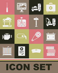 Set Car tire wheel, battery, Tow truck, transporter, Gear shifter, Repair car on lift, Screwdriver and Hammer icon. Vector