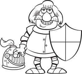 Black and white illustration of a knight in a suit of armor holding a shield.