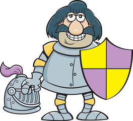 Cartoon illustration of a knight in a suit of armor holding a shield.