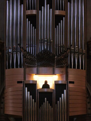 Montserrat, Spain - April 5, 2019: Organ pipes from a church organ in Santa Maria de Montserrat Abbey.