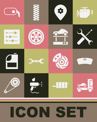 Set Car transporter truck, Windshield, Screwdriver and wrench spanner, Location with car service, Alloy wheel, settings, rearview mirror and Repair lift icon. Vector