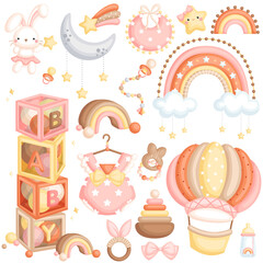 A Cute Vector Set of Baby Girl Classic Boho Items and Toys 

