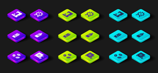 Set Coffee beans, street truck machine, French press, Bottle with milk, Medal for coffee and icon. Vector