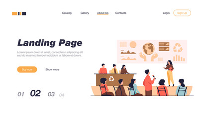 Ecological press conference member speaking on stage before audience, presenting graphs with earth. Vector illustration for global meeting, scientific forum, mass media concept