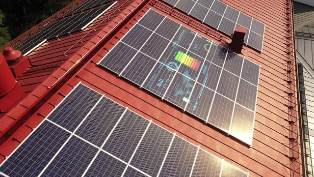 Photovoltaic data HUD, battery, map and meters on rooftop sun cells - 3d animation