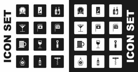 Set Bottles of wine, Street signboard with Bar, Martini glass, Wooden barrel on rack, Pub, Effervescent tablets water, opener and beer mug icon. Vector