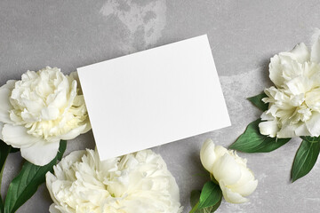 Fototapeta na wymiar Greeting or invitation card mockup with empty space and white peony flowers on grey