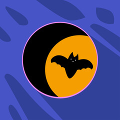 Cute halloween holiday banner design with bat on the background of the moon. Vector flat style illustration for Halloween Party. Happy Halloween Card