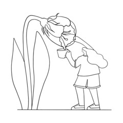 Coloring page woman pours water from flower in cup. Hand drawn illustration on white background