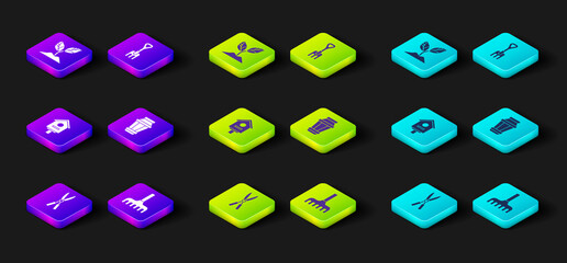 Set Gardening handmade scissors, rake, Bird house, light lamp, and Plant icon. Vector