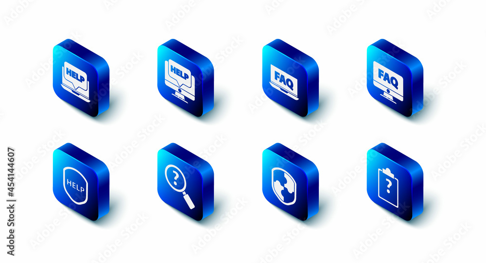 Poster set computer monitor and help, laptop faq, clipboard with question marks, shield, unknown search, te