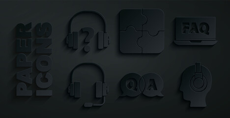 Set Question and Answer, Laptop FAQ, Headphones, Support operator in touch, Piece of puzzle and icon. Vector