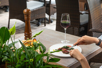 steak with a glass of red wine