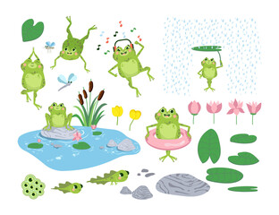 Cartoon frogs and tadpoles flat vector illustrations set. Cute green toads jumping, listening to music, pond, rocks, leaves and flowers isolated on white background. Nature, wildlife, animals concept